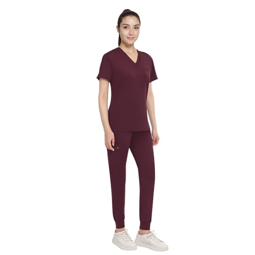 Anwrtuk Damen Scrub Set, V-Ausschnitt Stretch Medical Work Uniforms Top & Hose mit Taschen Krankenpflege Berufsbekleidung in Multicolors (Burgundisch Rot, L) von Anwrtuk