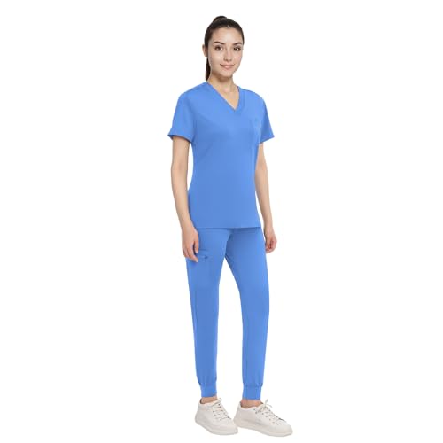 Anwrtuk Damen Scrub Set, V-Ausschnitt Stretch Medical Work Uniforms Top & Hose mit Taschen Krankenpflege Berufsbekleidung in Multicolors (Himmelblau, M) von Anwrtuk