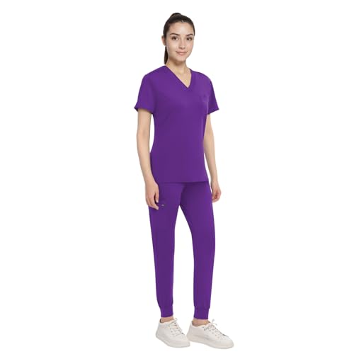 Anwrtuk Damen Scrub Set, V-Ausschnitt Stretch Medical Work Uniforms Top & Hose mit Taschen Krankenpflege Berufsbekleidung in Multicolors (Violett, L) von Anwrtuk