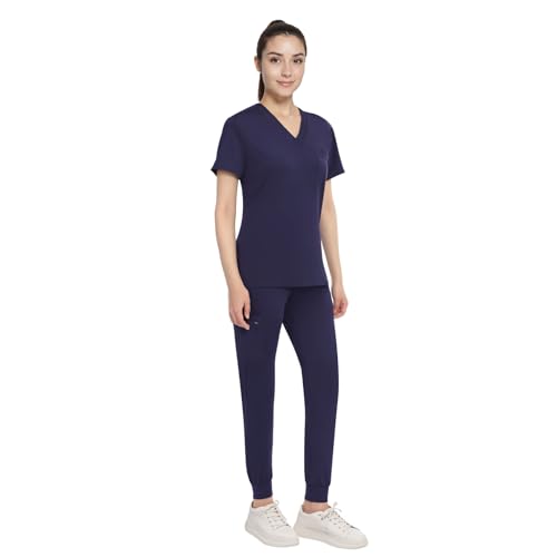 Anwrtuk Scrubs für Frauen Set, medizinische Uniform Stretch V-Ausschnitt Kragen Scrub Top & Jogger Hose mit Bund, Multi Pocket (Dunkelblau, S) von Anwrtuk