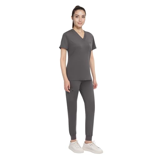 Anwrtuk Scrubs für Frauen Set, medizinische Uniform Stretch V-Ausschnitt Kragen Scrub Top & Jogger Hose mit Bund, Multi Pocket (Dunkelgrau, S) von Anwrtuk