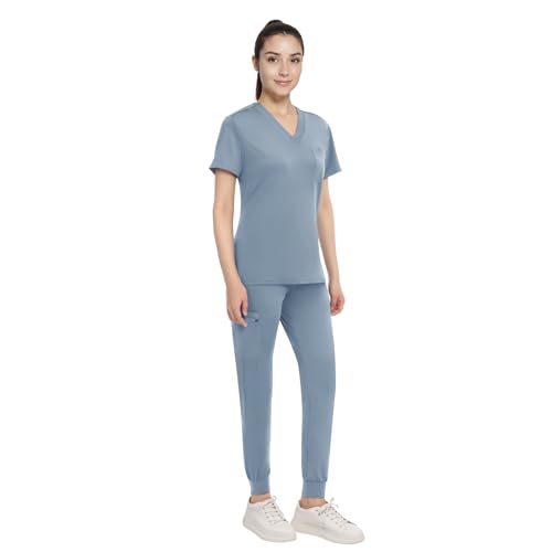 Anwrtuk Scrubs für Frauen Set, medizinische Uniform Stretch V-Ausschnitt Kragen Scrub Top & Jogger Hose mit Bund, Multi Pocket (Hellblau, M) von Anwrtuk