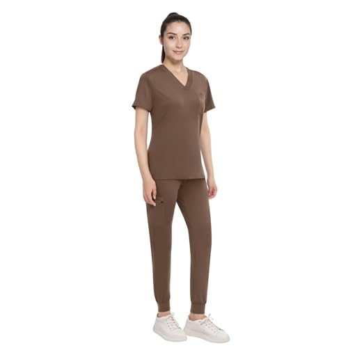 Anwrtuk Scrubs für Frauen Set, medizinische Uniform Stretch V-Ausschnitt Kragen Scrub Top & Jogger Hose mit Bund, Multi Pocket (Kaffeebraun, M) von Anwrtuk