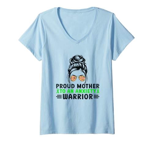 Damen Stolze Mutter eines Angstkriegers T-Shirt mit V-Ausschnitt von Anxiety Awareness Mother Support