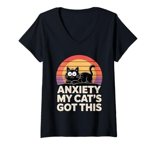 Damen Anxiety My Cat´s Got This Retro Cat T-Shirt mit V-Ausschnitt Damen Anxiety My Cat´s Got This Retro Cat T-Shirt mit V-Ausschnitt von Anxiety Cat Awareness Apparel
