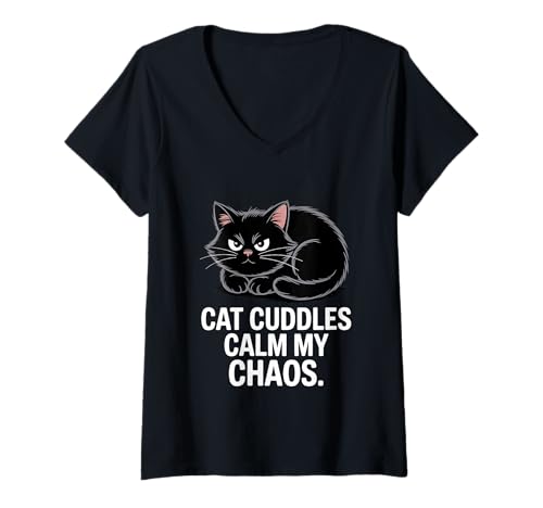 Damen Cat Cuddles Calm My Chaos Anxiety T-Shirt mit V-Ausschnitt Damen Cat Cuddles Calm My Chaos Anxiety T-Shirt mit V-Ausschnitt von Anxiety Cat Awareness Apparel