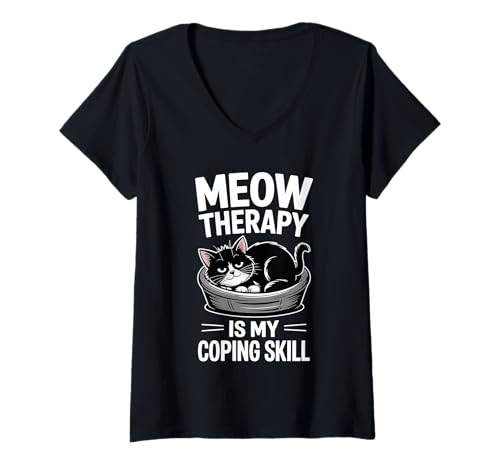 Damen Meow Therapy Is My Coping Skill Cat Anxiety T-Shirt mit V-Ausschnitt Damen Meow Therapy Is My Coping Skill Cat Anxiety T-Shirt mit V-Ausschnitt von Anxiety Cat Awareness Apparel