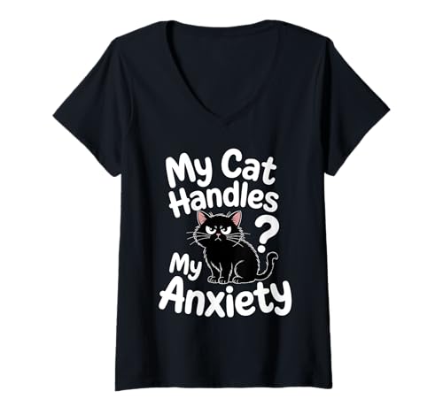 Damen My Cat Handles My Anxiety Cat Lover T-Shirt mit V-Ausschnitt Damen My Cat Handles My Anxiety Cat Lover T-Shirt mit V-Ausschnitt von Anxiety Cat Awareness Apparel