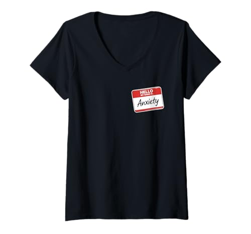 Damen Hello My Name Is Anxiety Namensschild Lustig Introvertiert T-Shirt mit V-Ausschnitt von Anxiety Gifts For Introverts