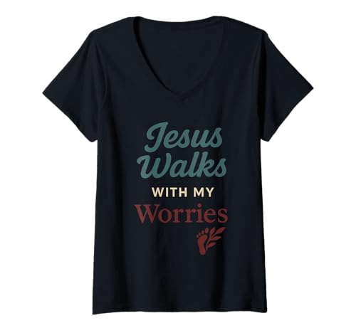 Damen Christliche Frau Angst Glaube Geistige Gesundheit Gnade Jesus T-Shirt mit V-Ausschnitt von Anxious Believer Therapy Ministry Fear Awareness