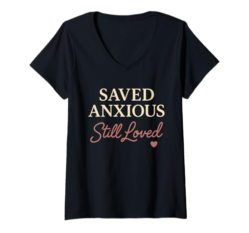 Damen Christliche Frau Angst Glaube Geistige Gesundheit Gnade Jesus T-Shirt mit V-Ausschnitt von Anxious Believer Therapy Ministry Fear Awareness