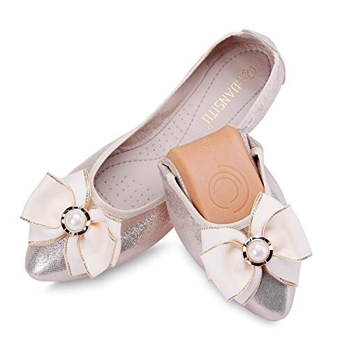 Anxle Faltbare Damen-Ballerinas, glitzernd, Strass, spitzer Zehenbereich, bequem, zum Hineinschlüpfen, für Spaziergänge, Arbeit, Brautkleid, 2-gold, 42 EU von Anxle