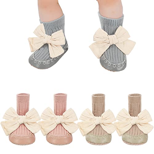 AnyDesign 3 Paare Baby Anti Rutsch Socken Khaki Rosa Grau-Blau Boden Griff Schuhe Socken mit Bogen rutschfeste dicke Baumwolle Knöchel Socken für Neugeborene Kleinkind Geschenk, S Größe(10.5cm) von AnyDesign