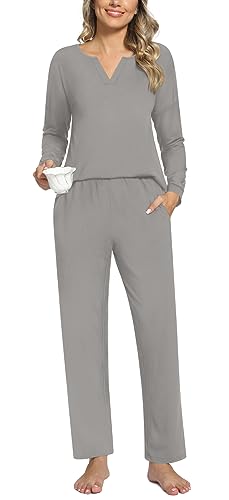 Anyally 2-teilige Damen Herbst Pyjama Sets, Casual Lounge Nachtwäsche Damen Pjs Sets mit Taschen, 2XL Grau von Anyally