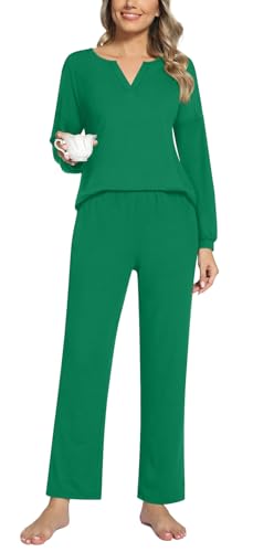 Anyally 2-teilige Damen Herbst Pyjama Sets, Casual Lounge Nachtwäsche Damen Pjs Sets mit Taschen, 2XL Grün von Anyally