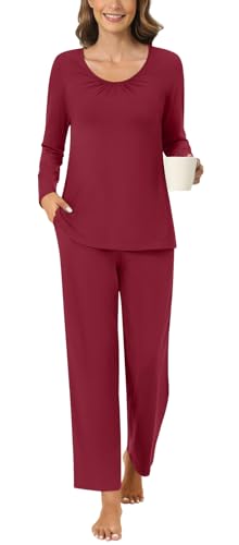 Anyally Damen 2-teilige Herbst Pyjama Set Langarm Hemd und Hose Nachtwäsche Pjs Sets mit Taschen, 2XL Burgund von Anyally