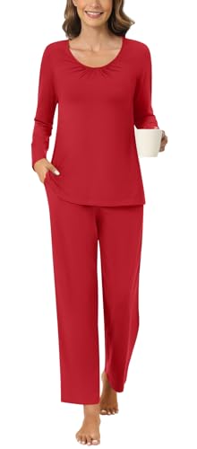 Anyally Damen 2-teilige Herbst Pyjama Set Langarm Hemd und Hose Nachtwäsche Pjs Sets mit Taschen, 3XL Rot von Anyally