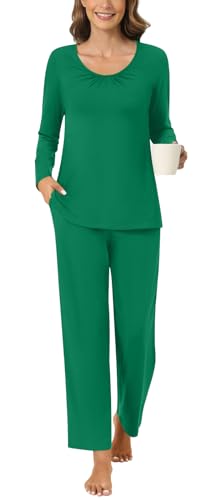 Anyally Damen 2-teilige Herbst Pyjama Set Langarm Hemd und Hose Nachtwäsche Pjs Sets mit Taschen, XL Grün von Anyally