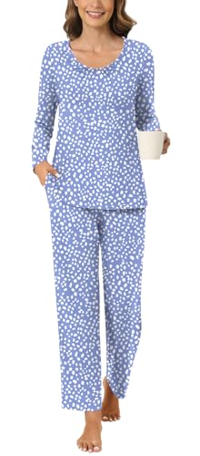 Anyally Damen 2-teiliges Herbst-Pyjama-Set, langärmelig, Hemd und Hose, Nachtwäsche, Pyjama-Sets mit Taschen, Gepunktet Blau, 48 von Anyally