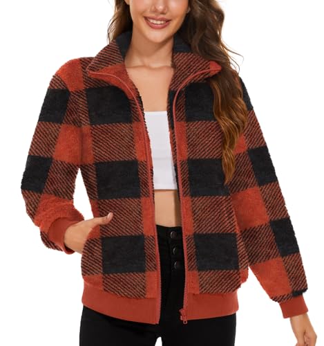 Anyally Damen-Fleece-Pullover, Stehkragen, Sherpa-Sweatshirt, Reißverschluss, Shacket-Jacke mit Taschen, Stehkragen Schwarz Rot Plaid, 42 von Anyally