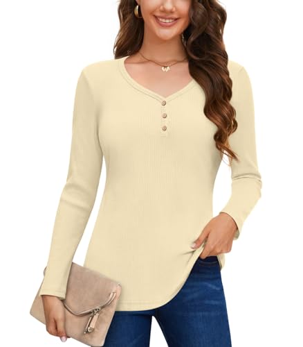 Anyally Damen Langarm Pullover Casual Herbst Henley Knopfleiste Blusen Basic Rippstrick T-Shirts, Henley Aprikose, 48 von Anyally