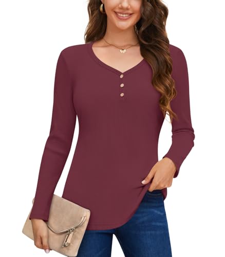 Anyally Damen Langarm Pullover Casual Herbst Henley Knopfleiste Blusen Basic Rippstrick T-Shirts, Henley Burgund, M von Anyally