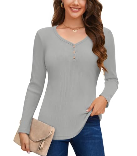 Anyally Damen Langarm Pullover Casual Herbst Henley Knopfleiste Blusen Basic Rippstrick T-Shirts, Henley Grey, Large von Anyally