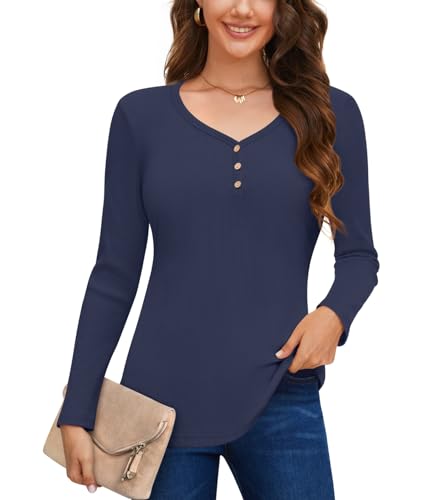 Anyally Damen Langarm Pullover Casual Herbst Henley Knopfleiste Blusen Basic Rippstrick T-Shirts, Henley Marineblau, Large von Anyally