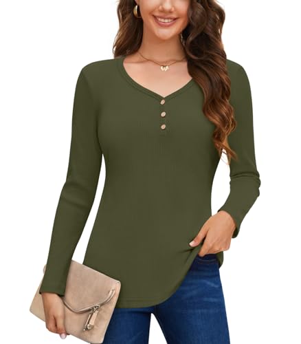 Anyally Damen Langarm Pullover Casual Herbst Henley Knopfleiste Blusen Basic Rippstrick T-Shirts, Henley Olivgrün, Large von Anyally