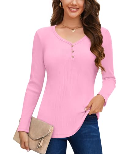 Anyally Damen Langarm Pullover Casual Herbst Henley Knopfleiste Blusen Basic Rippstrick T-Shirts, Henley Pink, 46 von Anyally