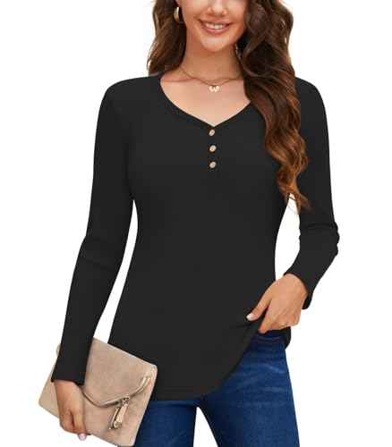 Anyally Damen Langarm Pullover Casual Herbst Henley Knopfleiste Blusen Basic Rippstrick T-Shirts, Henley Schwarz, 46 von Anyally