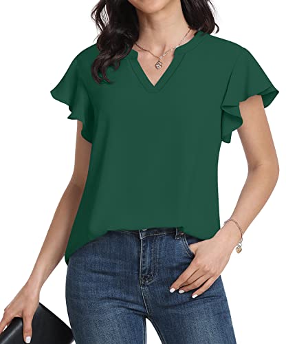 Anyally Damen Notch V Ausschnitt Tops Elegant Casual Chiffon Bluse Sommer T-Shirts Rüschen Kurzarm Tunika Top für Leggings, dunkelgrün, XXX-Large von Anyally