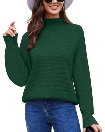 Anyally Damen Pullover Rollkragen Oversized Fledermaus Langarm Sweatshirt Lose Grobstrick Casual Sweater,2XL Dunkelgrün von Anyally