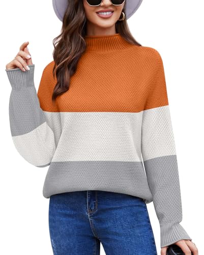 Anyally Damen Pullover Rollkragen Oversized Fledermaus Langarm Sweatshirt Lose Grobstrick Casual Sweater,2XL Orange-Weiß von Anyally