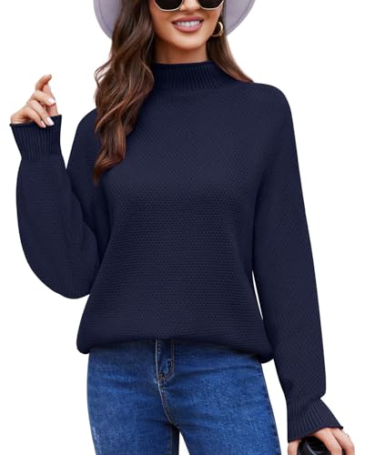 Anyally Damen Pullover Rollkragen Oversized Fledermaus Langarm Sweatshirt Lose Grobstrick Casual Sweater,L Marineblau von Anyally