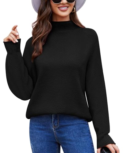 Anyally Damen Pullover Rollkragen Oversized Fledermaus Langarm Sweatshirt Lose Grobstrick Casual Sweater,M Schwarz von Anyally