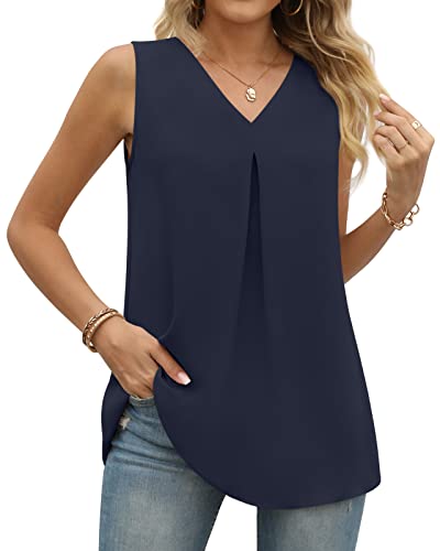 Anyally Damen Sommer Ärmellos Chiffon Tunika Tank Tops Elegant Casual Bluse Lose V-Ausschnitt Arbeitshemden, Weste/Marineblau, 48 von Anyally