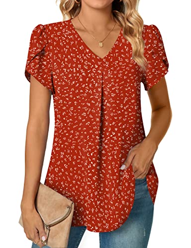 Anyally Damen Sommer Dressy Chiffon Blusen Kurzarm V Ausschnitt Tunika Tops für Leggings Casual T-Shirts, Blütenblatt/Polka Dots Rot, 38 von Anyally