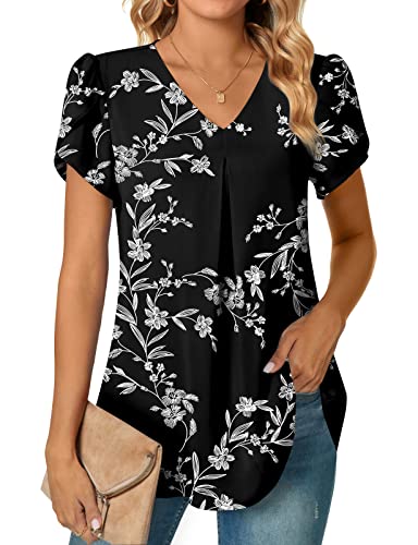 Anyally Damen Sommer Dressy Chiffon Blusen Kurzarm V-Ausschnitt Tunika Tops für Leggings Casual T-Shirts, Blütenblatt/schwarz-weiße Blume, X-Large von Anyally