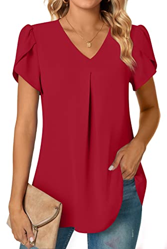 Anyally Damen Sommer Dressy Chiffon Blusen Kurzarm V Ausschnitt Tunika Tops für Leggings Casual T-Shirts, Blütenblatt-Ärmel, Rot, 46 von Anyally