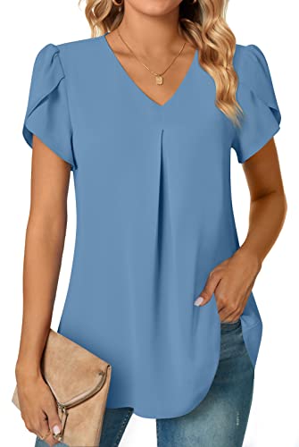 Anyally Damen Sommer Dressy Chiffon Blusen Kurzarm V-Ausschnitt Tunika Tops für Leggings Casual T-Shirts, Blütenblatt-Hülse/Blau, XXL von Anyally