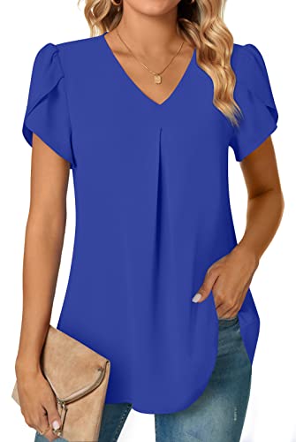 Anyally Damen Sommer Dressy Chiffon Blusen Kurzarm V Ausschnitt Tunika Tops für Leggings Casual T-Shirts, Blütenblattärmel/Königsblau, 48 von Anyally