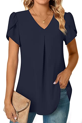 Anyally Damen Sommer Dressy Chiffon Blusen Kurzarm V Ausschnitt Tunika Tops für Leggings Casual T-Shirts, Blütenblattärmel/Marineblau, 50 von Anyally