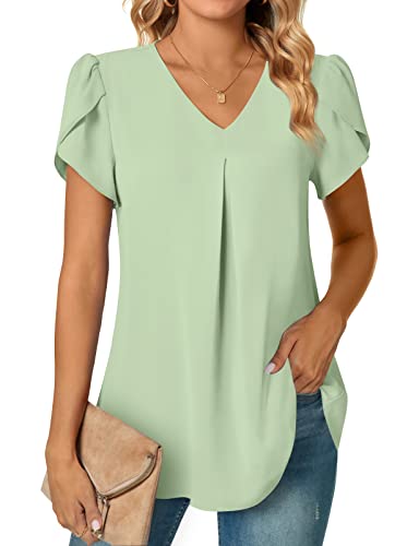 Anyally Damen Sommer Dressy Chiffon Blusen Kurzarm V Ausschnitt Tunika Tops für Leggings Casual T-Shirts, Blütenblattärmel/Matcha, 46 von Anyally