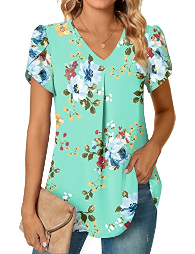 Anyally Damen Sommer Dressy Chiffon Blusen Kurzarm V Ausschnitt Tunika Tops für Leggings Casual T-Shirts, Blütenblattärmel/Minzgrün, 48 von Anyally