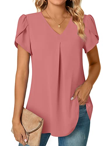 Anyally Damen Sommer Dressy Chiffon Blusen Kurzarm V Ausschnitt Tunika Tops für Leggings Casual T-Shirts, Blütenblattärmel/Rouge, 48 von Anyally