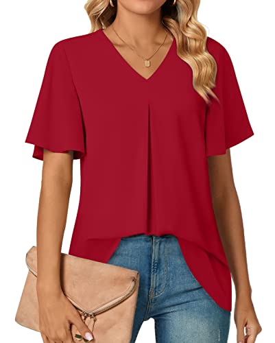 Anyally Damen Sommer Elegant Chiffon Blusen V Ausschnitt Kurzarm Tunika Tops für Leggings Casual T-Shirts, Rüschenärmel, Rot, 3X-Groß von Anyally