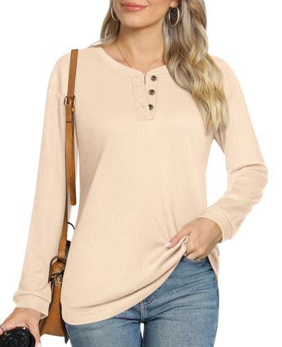 Anyally Damen Waffelstrick Tunika Tops Lose Langarm Button Up Casual Sweatshirts V Ausschnitt Henley Shirts, Knopf Aprikose, 48 von Anyally