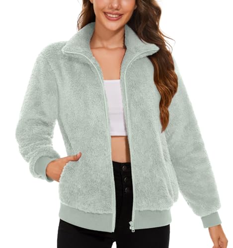 Anyally Fuzzy Fleece Pullover Stand Collar Sherpa Sweatshirt Zip Up Shacket Jacke mit Taschen, Stand Collar Silber Grau, XL von Anyally