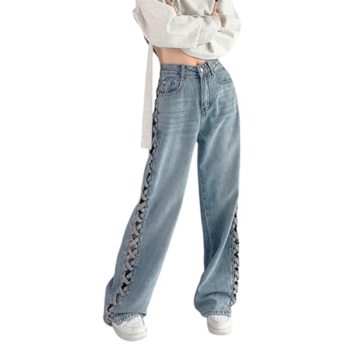 Anybird Damenjeans Mit Seitlichen Geflochtenen Ausschnitten Hoch Taillierte Baggy-Jeans Mit Weitem Bein Und Taschen,Blau,S von Anybird